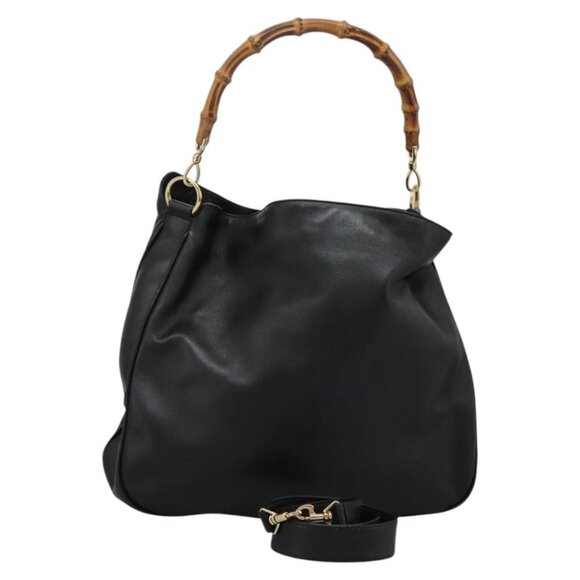 GUCCI Bamboo Hand Bag Leather 2way Black Gold 001 1014 1577 0 Auth nb190 - Picture 1 of 16